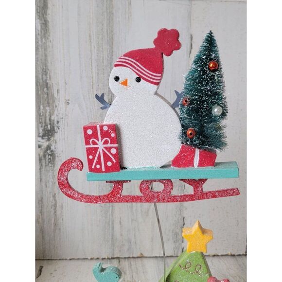 Joy snowman sled tree figure Xmas Decor bird heart glitter - Picture 5 of 7